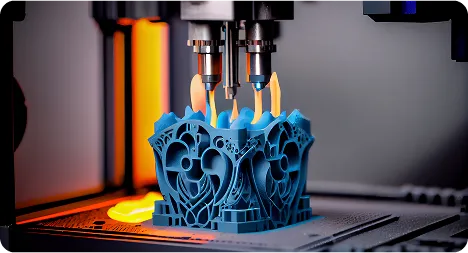 A 3D printer building an intricate blue model in the DakTech MakerSpace