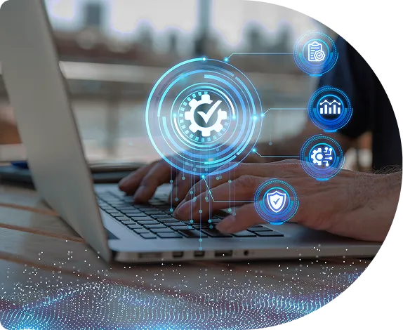 Hands on a laptop with floating service icons