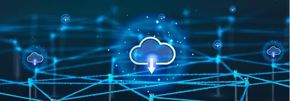 A network of cloud icons over a dark grid