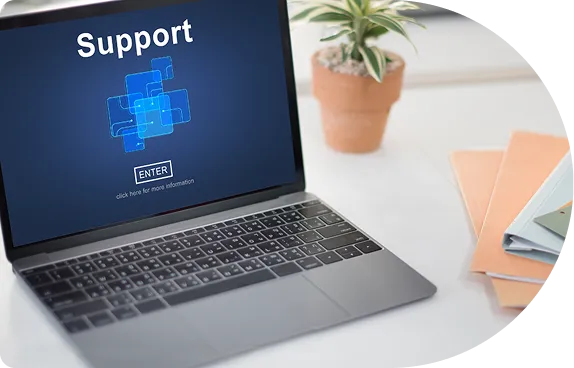 A laptop showing the word Support